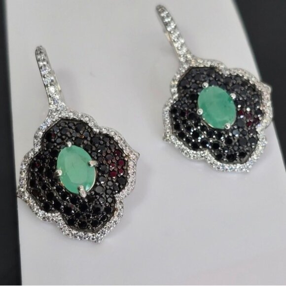 925 Sterling Silver Earrings with Natural Emerald 9x7mm & Blk Spinel Gems - Picture 5 of 8